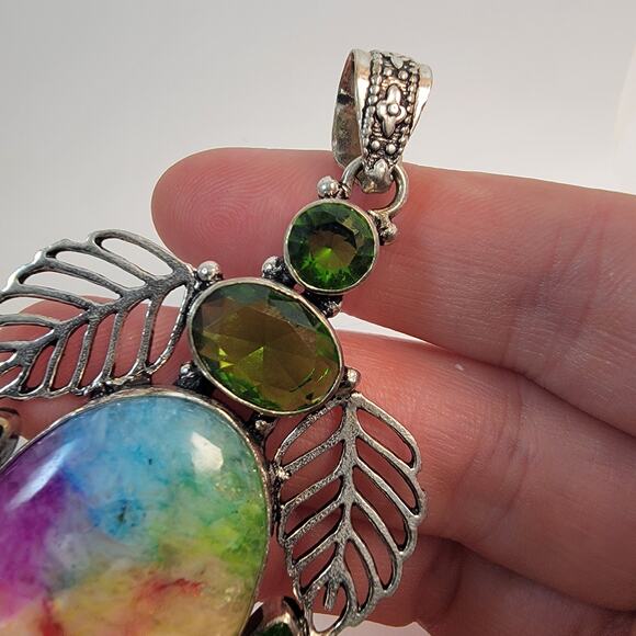 Handmade Rainbow Fluorite and Peridot Pendant with Sterling Silver Floral Design - Picture 7 of 10